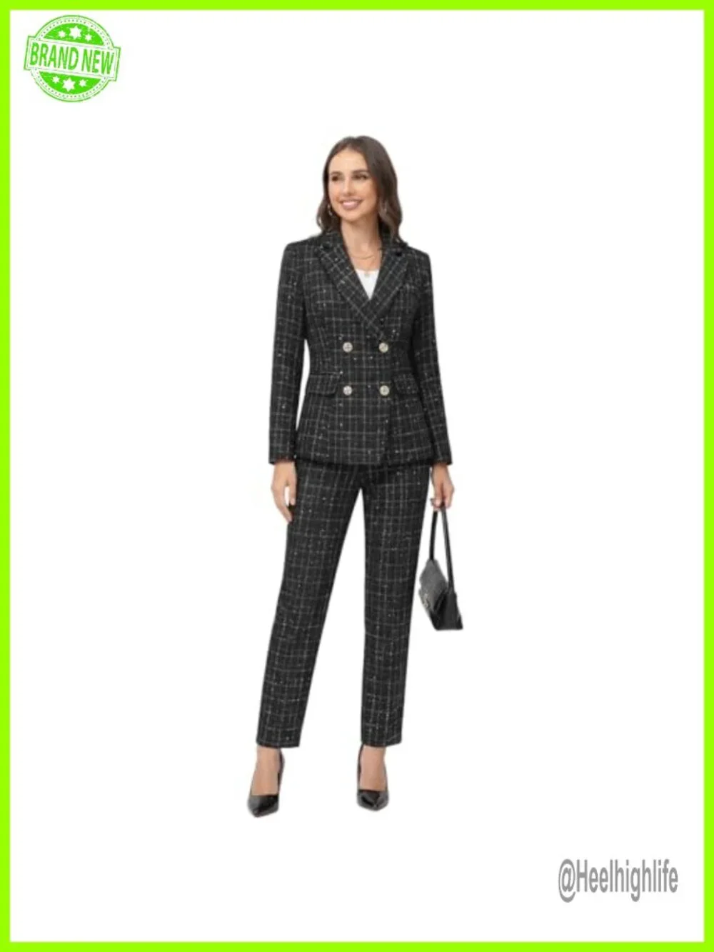 Tweed Suit Plaid Blazer Pants Set Double Breasted Slim Fit